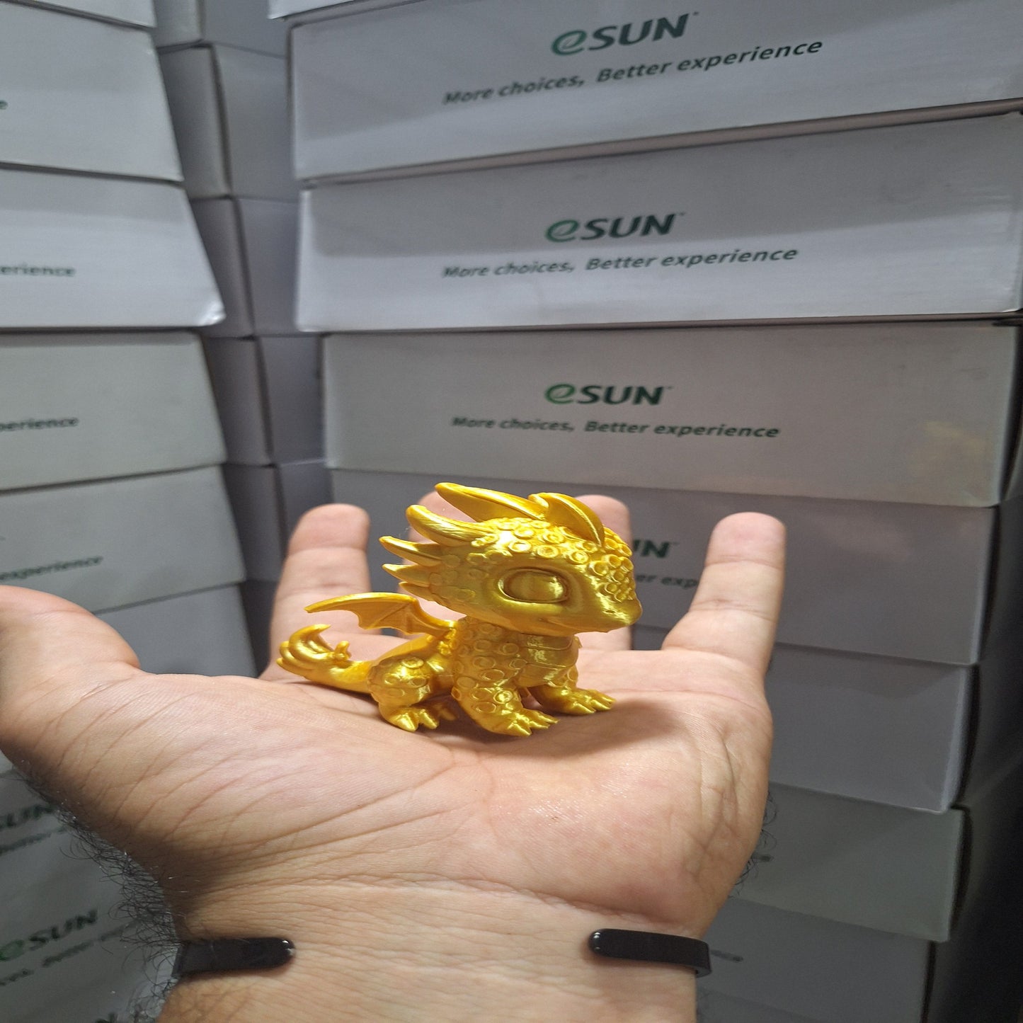 Hand holding a gold dragon figurine in front of C$UN branded boxes.