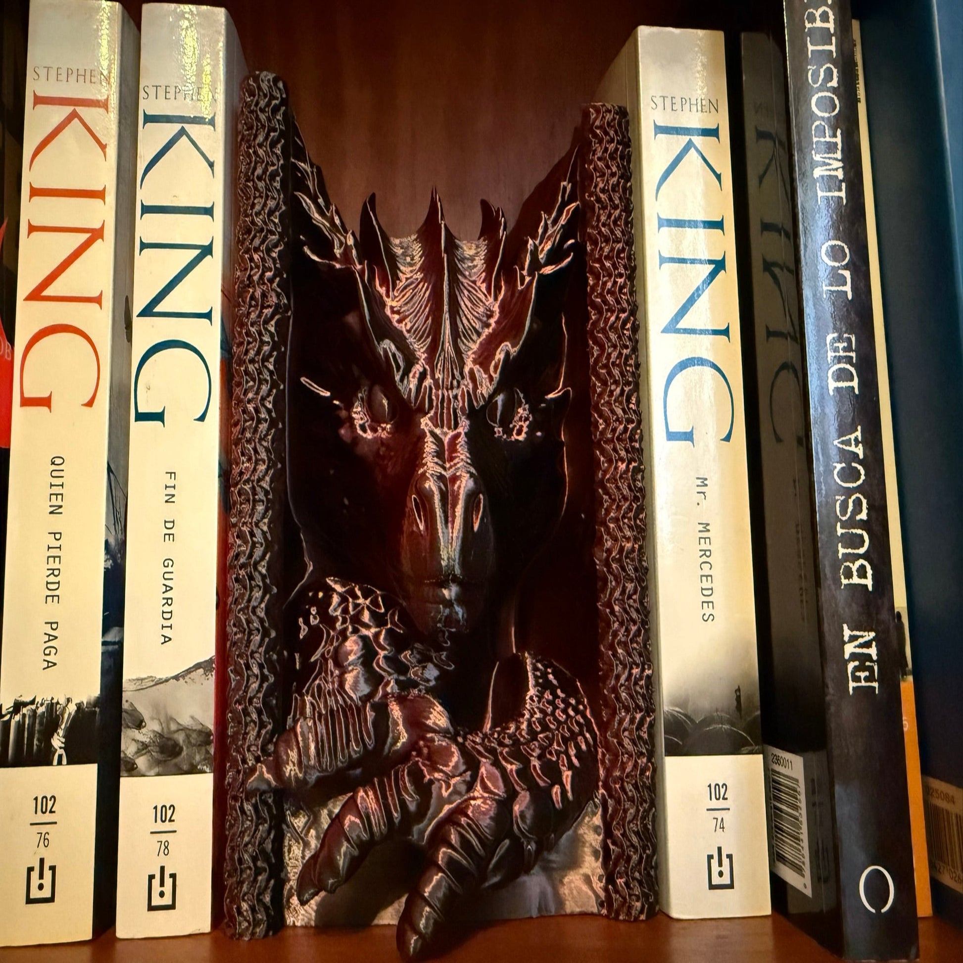 Row of books with a prominent cover featuring a dragon design.