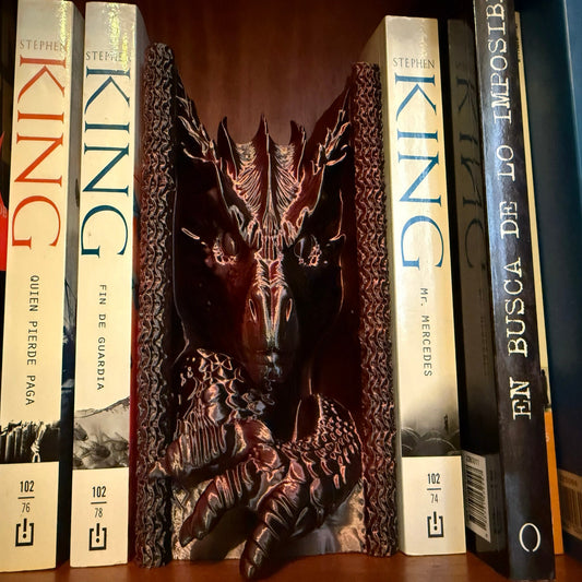 Row of books with a prominent cover featuring a dragon design.
