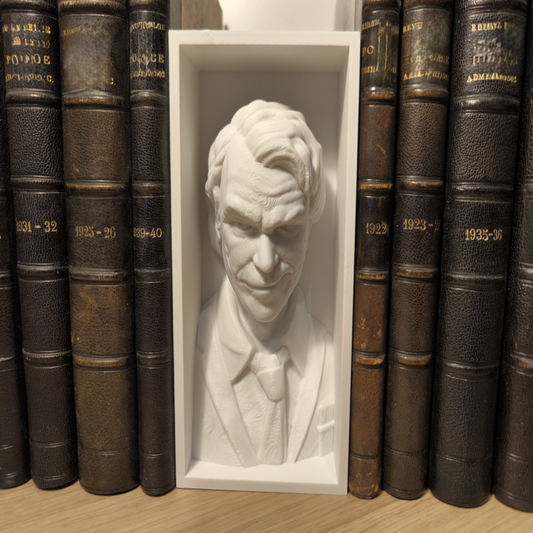 White bust of a man in a frame surrounded by vintage books.