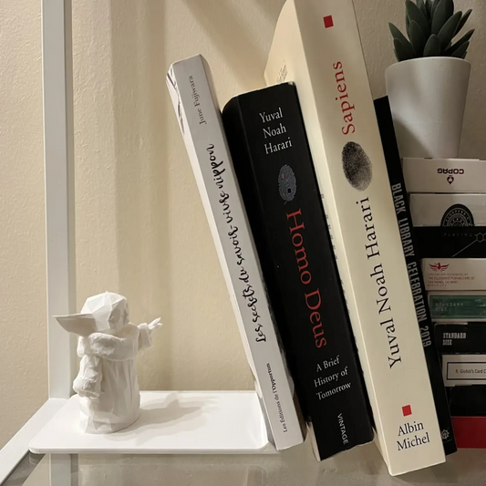 Stack of books on a shelf with a small statue and plant